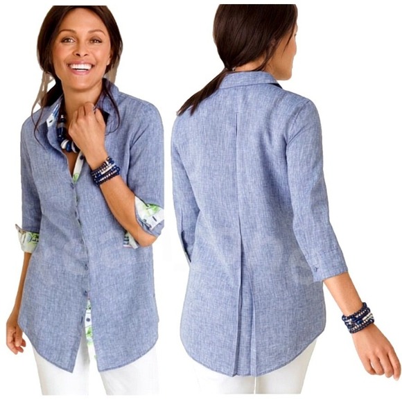 Chico's Tops - Chico's Women's No Iron Long Sleeve Linen Side-Button Shirt Size 0/US(4/6)